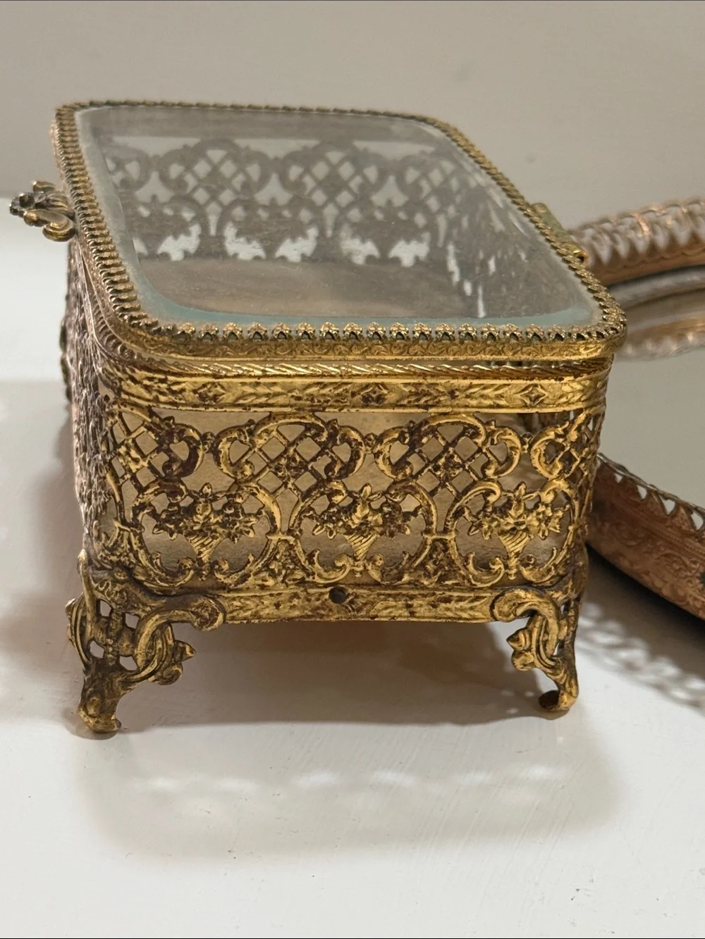 Vintage Ormolu Ornate Gold Brass Glass Jewelry Trinket Box & Round Mirrored Tray